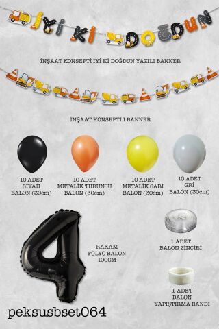 İnşaat Doğum Günü Balon Zinciri Yaş Balonlu Parti Süsleme Seti Bannerlı Rakam Balonlu Paket