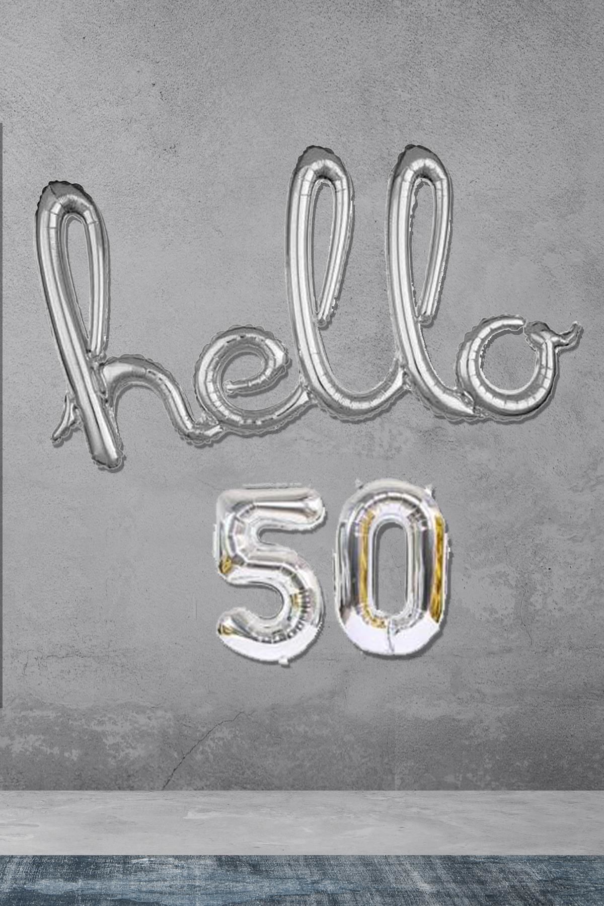 50 Yaş Doğum Günü Balonları - Hello 50 El Yazısı Gümüş Renk Folyo Balon