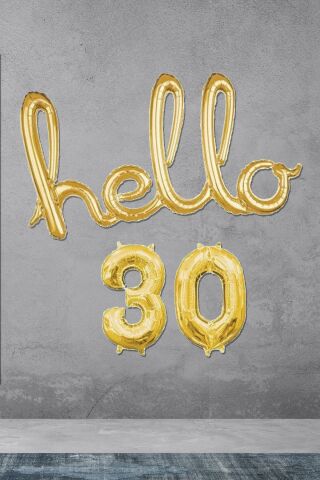 30 Yaş Doğum Günü Balonları - Hello 30 El Yazısı Gold Renk Folyo Balon