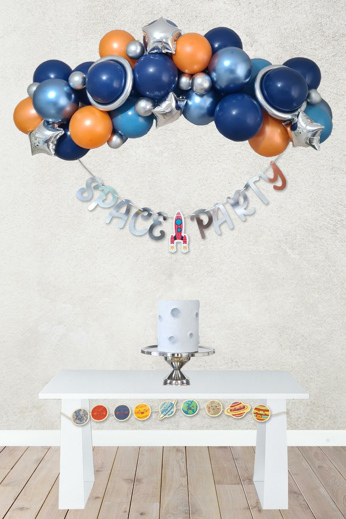 Uzay Tema Doğum Günü Bannerlı Balon Zinciri Seti Uzay Gezegen Balon Zinciri