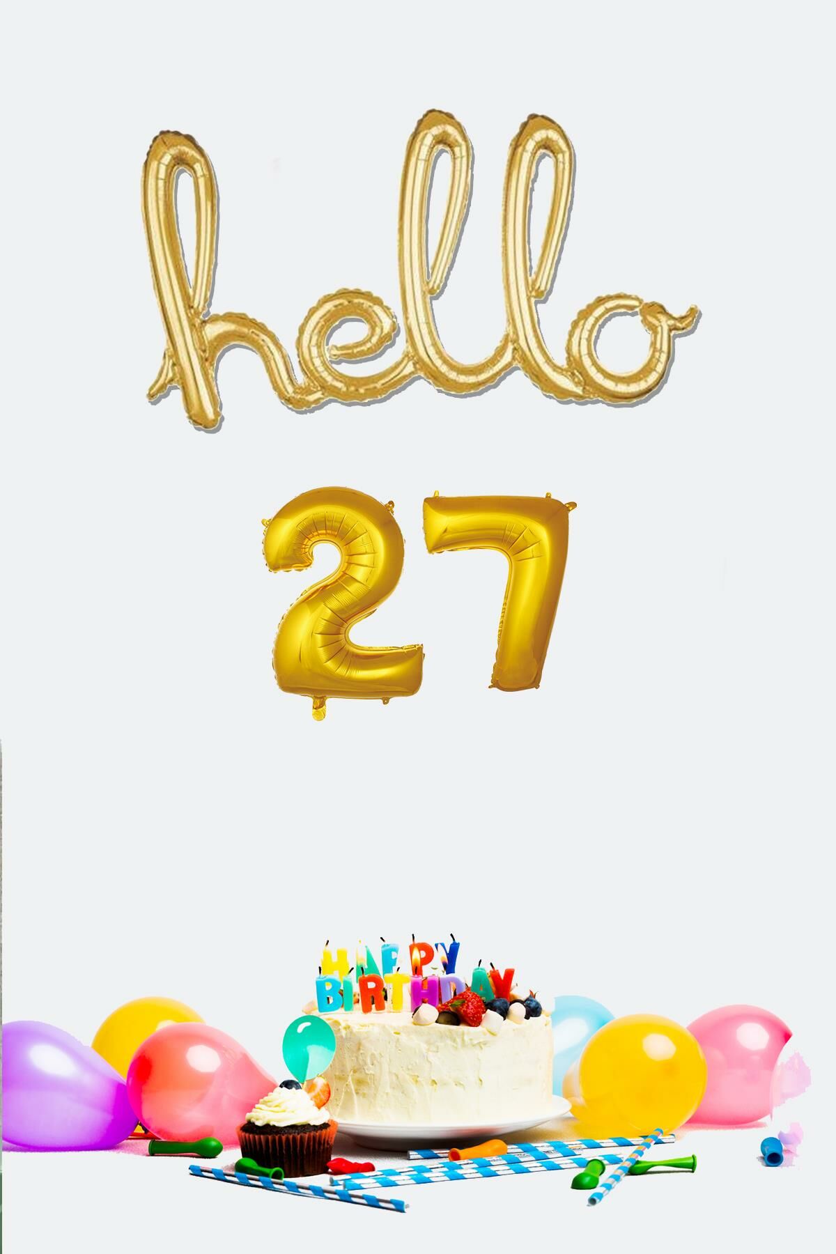 27 Yaş Doğum Günü Balonları - Hello 27 El Yazısı Gold Renk Folyo Balon