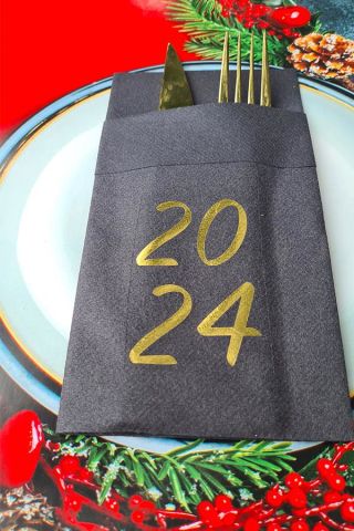 Kumaş Dokulu Siyah Peçete Gold Varak 2024 Yazılı Yılbaşı Sofrası - Yeni Yıl Peçetesi