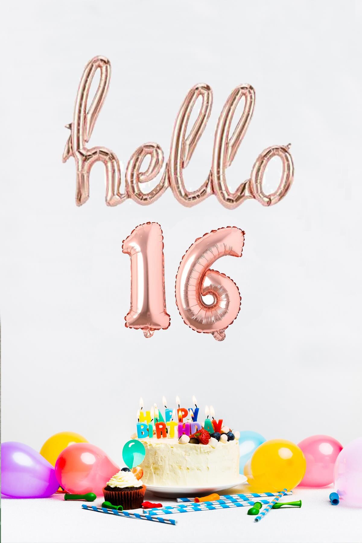 16 Yaş Doğum Günü Balonları - Hello 16 El Yazısı Rose Gold Renk Folyo Balon