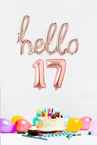17 Yaş Doğum Günü Balonları - Hello 17 El Yazısı Rose Gold Renk Folyo Balon