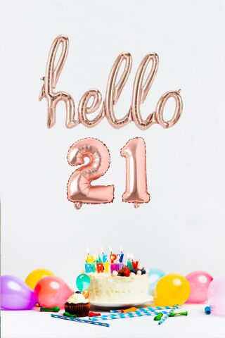 21 Yaş Doğum Günü Balonları - Hello 21 El Yazısı Rose Gold Renk Folyo Balon