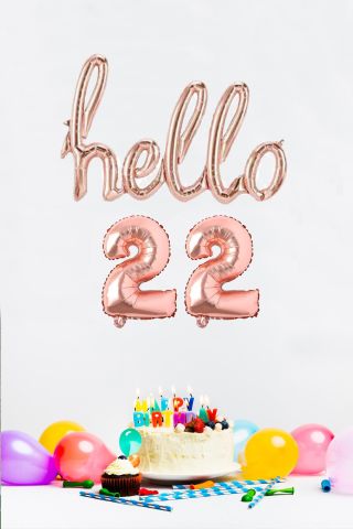 22 Yaş Doğum Günü Balonları - Hello 22 El Yazısı Rose Gold Renk Folyo Balon
