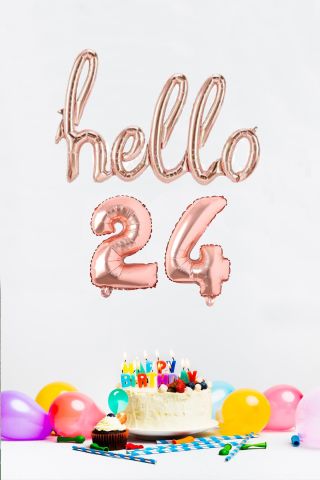 24 Yaş Doğum Günü Balonları - Hello 24 El Yazısı Rose Gold Renk Folyo Balon