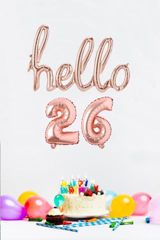 26 Yaş Doğum Günü Balonları - Hello 26 El Yazısı Rose Gold Renk Folyo Balon