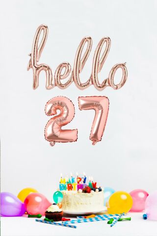 27 Yaş Doğum Günü Balonları - Hello 27 El Yazısı Rose Gold Renk Folyo Balon