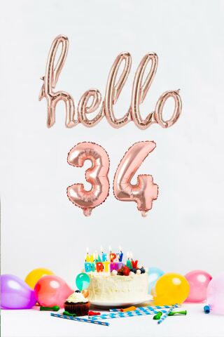 34 Yaş Doğum Günü Balonları - Hello 34 El Yazısı Rose Gold Renk Folyo Balon