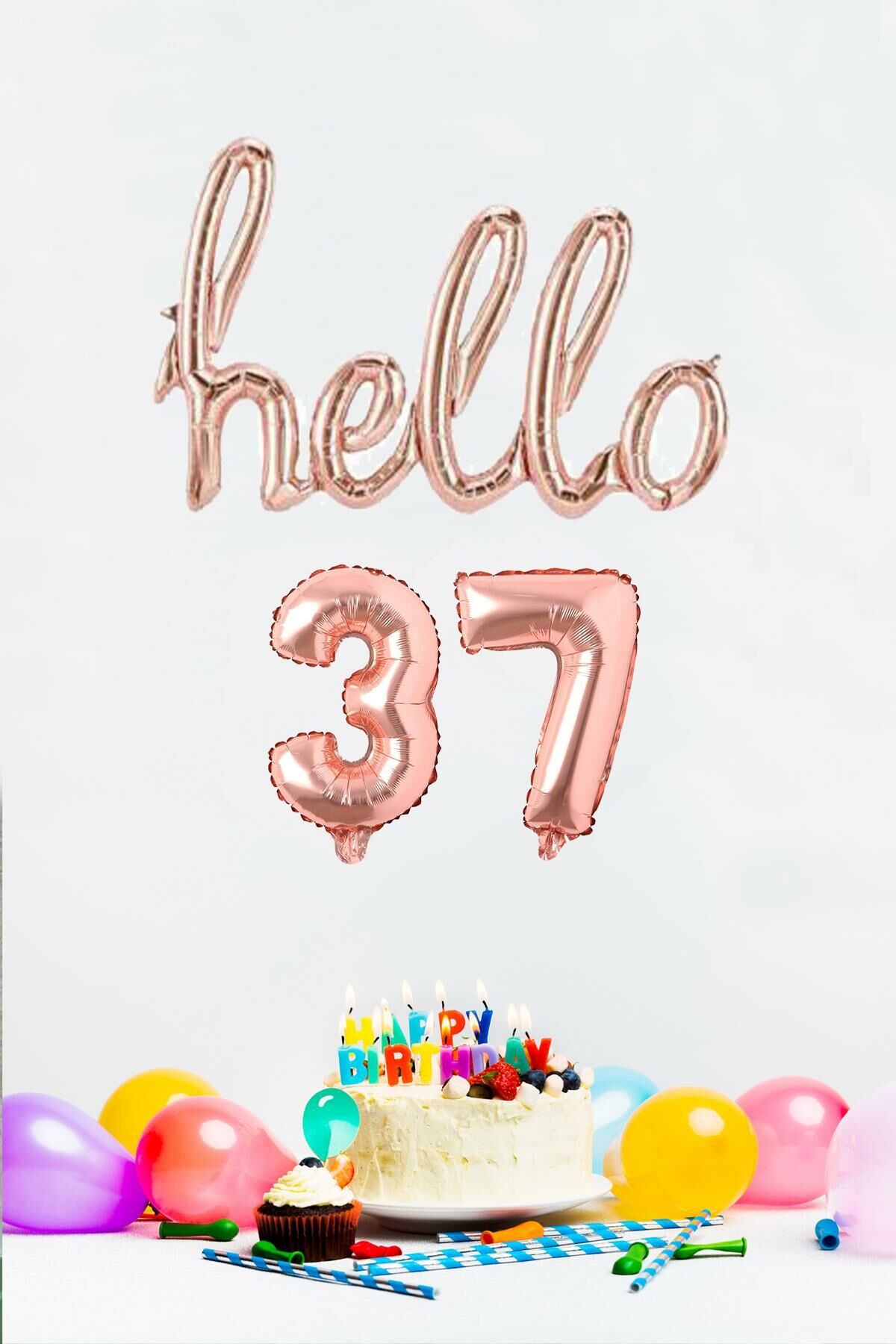 37 Yaş Doğum Günü Balonları - Hello 37 El Yazısı Rose Gold Renk Folyo Balon