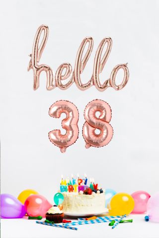 38 Yaş Doğum Günü Balonları - Hello 38 El Yazısı Rose Gold Renk Folyo Balon