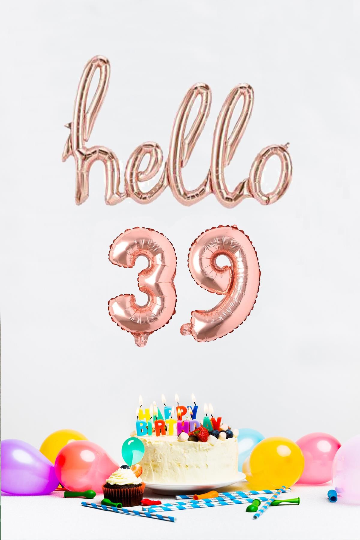 39 Yaş Doğum Günü Balonları - Hello 39 El Yazısı Rose Gold Renk Folyo Balon