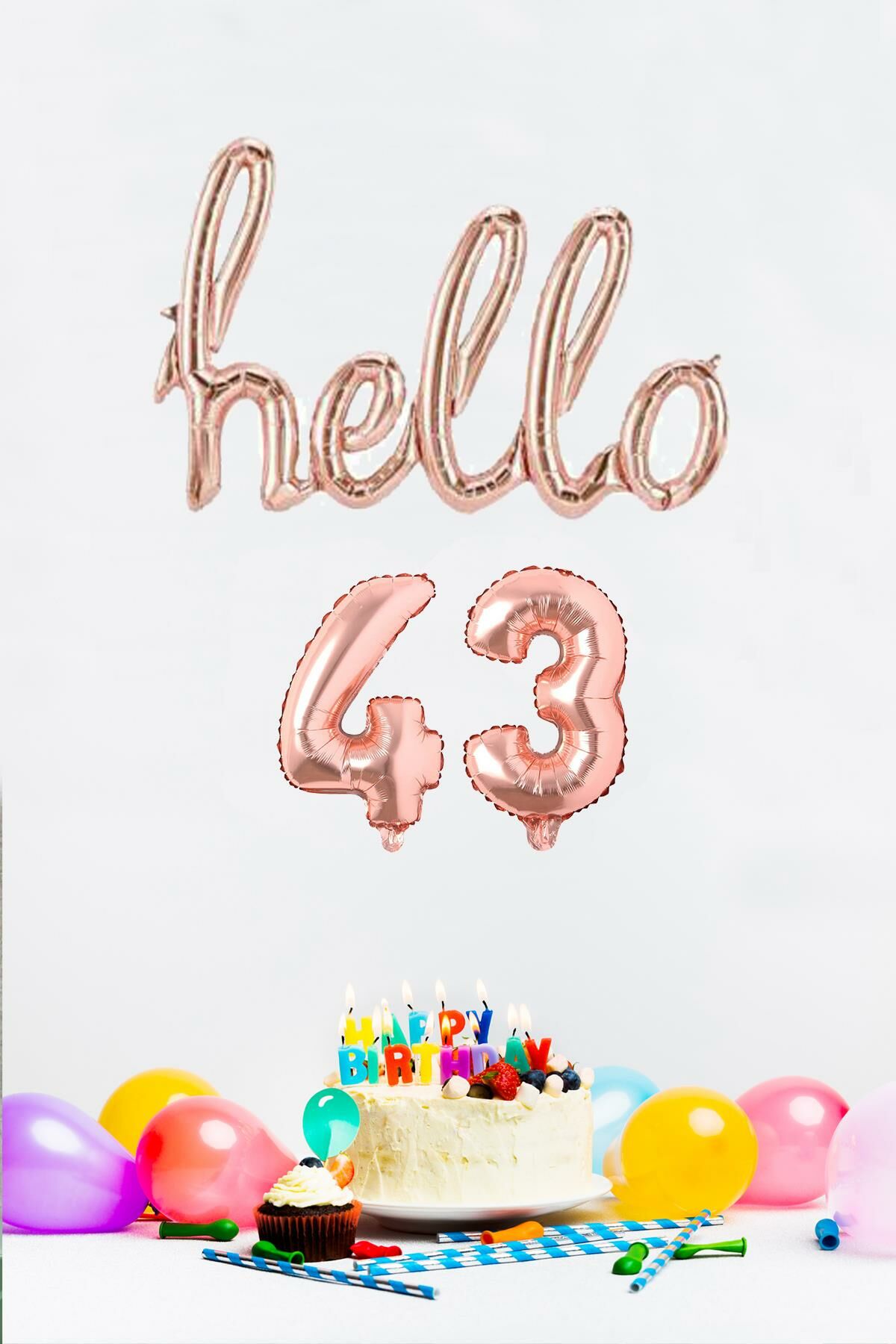 43 Yaş Doğum Günü Balonları - Hello 43 El Yazısı Rose Gold Renk Folyo Balon