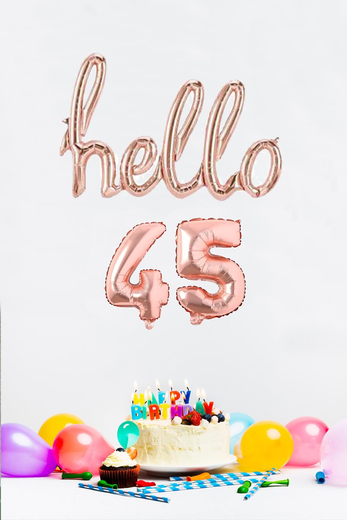 45 Yaş Doğum Günü Balonları - Hello 45 El Yazısı Rose Gold Renk Folyo Balon