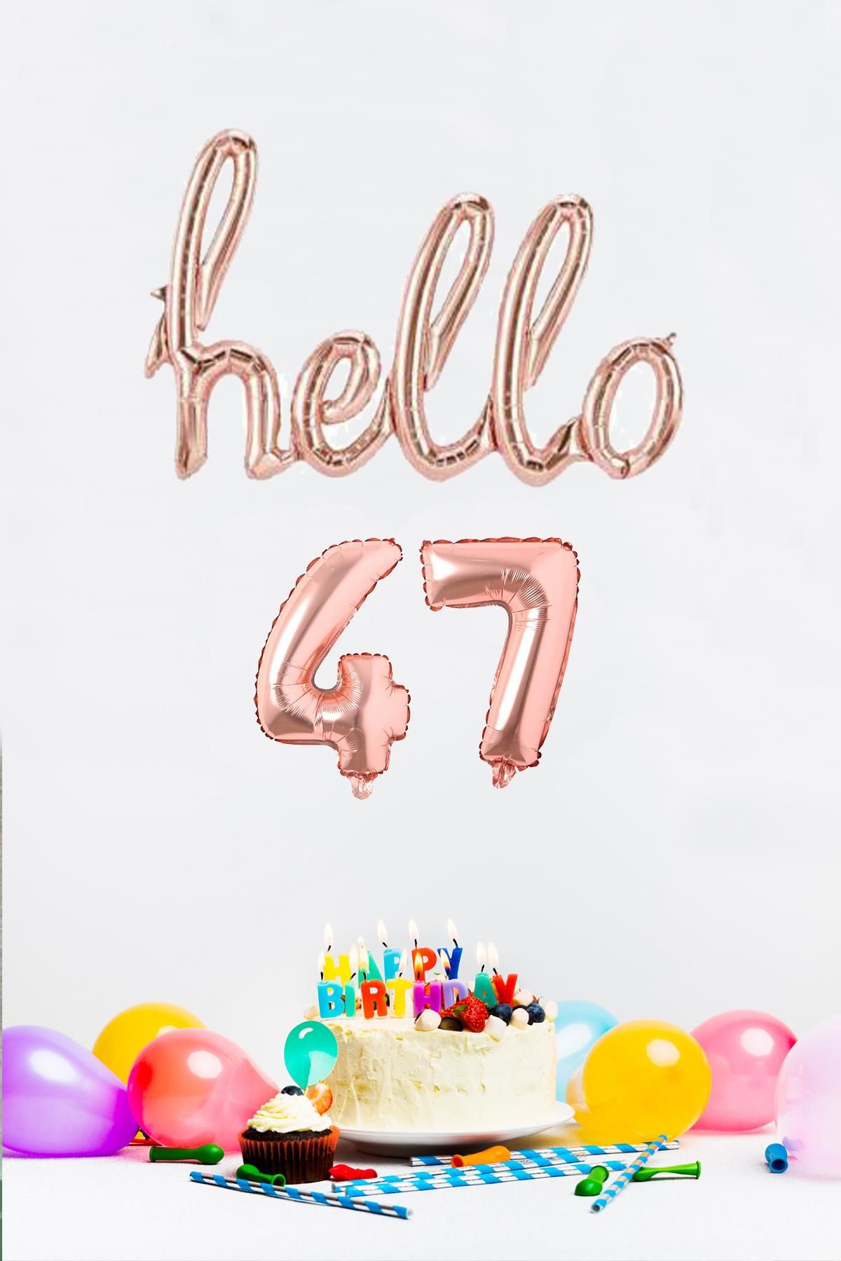47 Yaş Doğum Günü Balonları - Hello 47 El Yazısı Rose Gold Renk Folyo Balon
