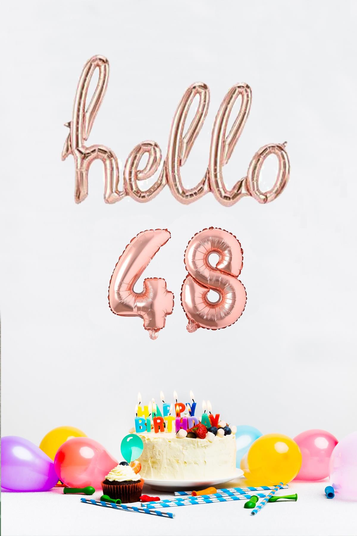 48 Yaş Doğum Günü Balonları - Hello 48 El Yazısı Rose Gold Renk Folyo Balon