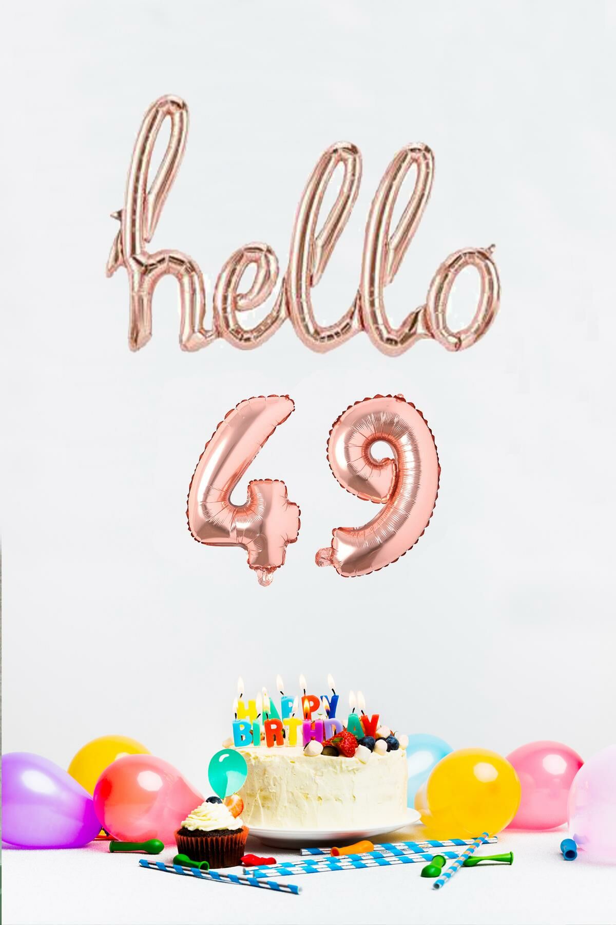 49 Yaş Doğum Günü Balonları - Hello 49 El Yazısı Rose Gold Renk Folyo Balon