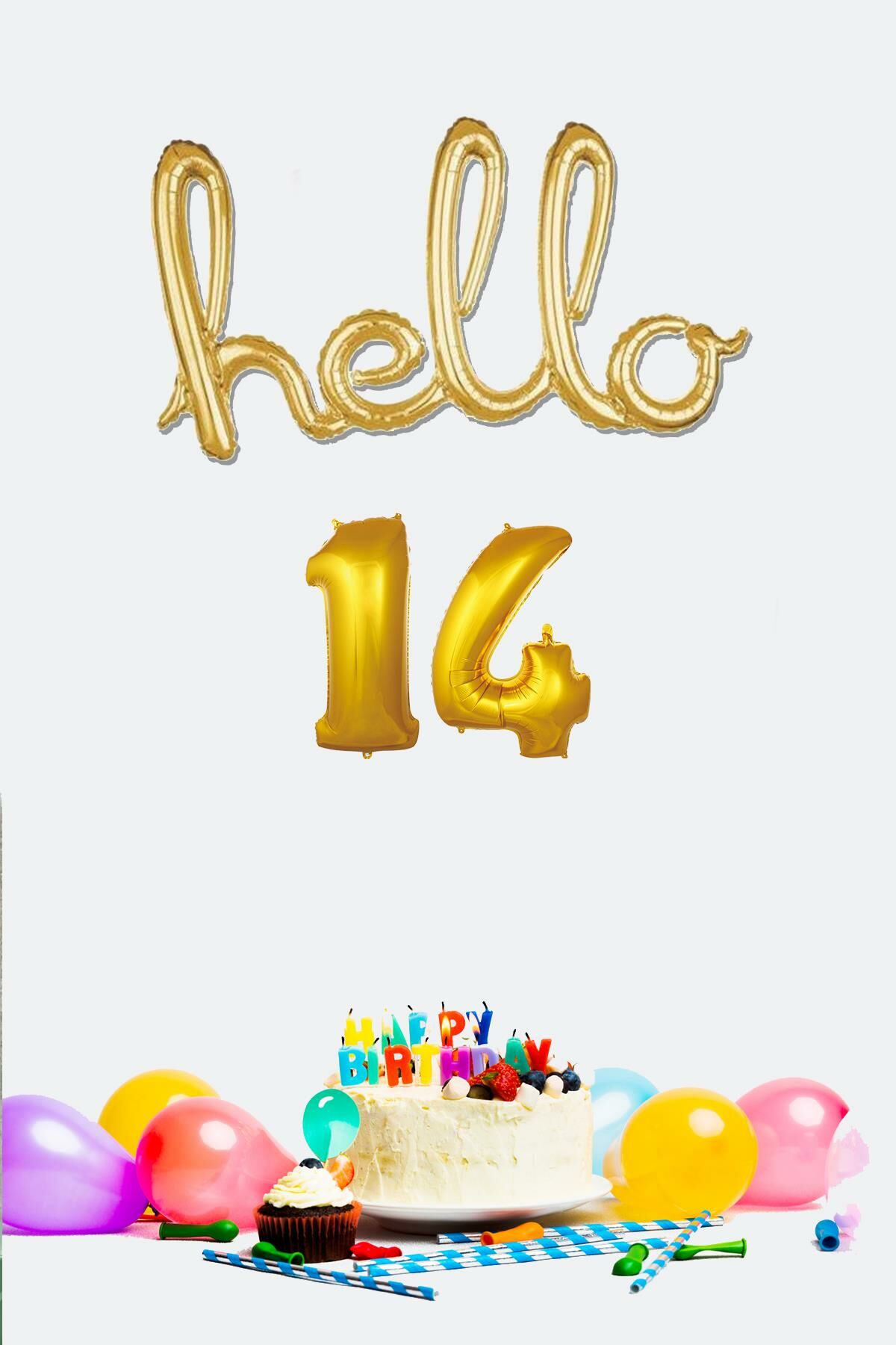 14 Yaş Doğum Günü Balonları - Hello 14 El Yazısı Gold Renk Folyo Balon