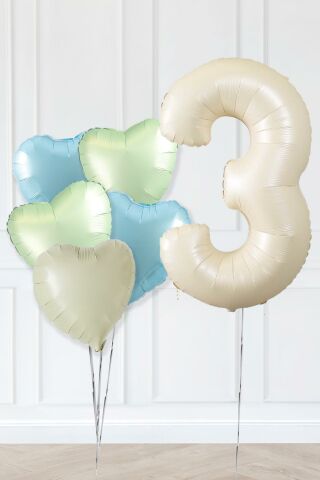 Retro Yeşil Mavi Kalpli Krem Yaş Balonlu Balon Seti Deniz Kumu Krem Retro Doğum Günü Rakam Yaş Balon Seti
