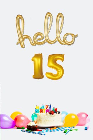 15 Yaş Doğum Günü Balonları - Hello 15 El Yazısı Gold Renk Folyo Balon