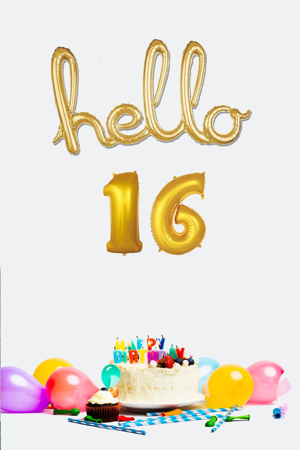 16 Yaş Doğum Günü Balonları - Hello 16 El Yazısı Gold Renk Folyo Balon