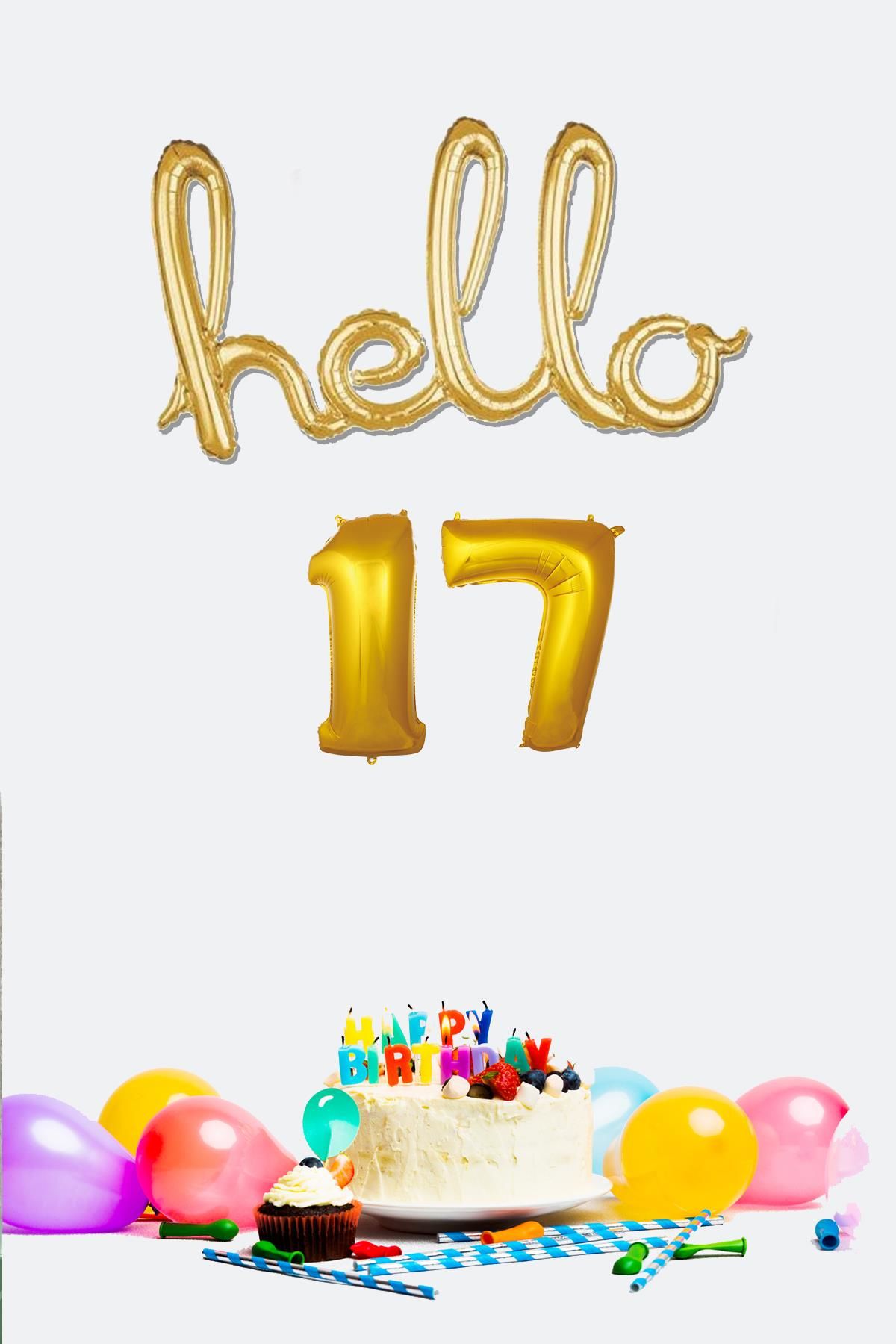 17 Yaş Doğum Günü Balonları - Hello 17 El Yazısı Gold Renk Folyo Balon