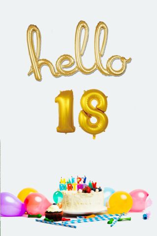 18 Yaş Doğum Günü Balonları - Hello 18 El Yazısı Gold Renk Folyo Balon