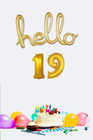 19 Yaş Doğum Günü Balonları - Hello 19 El Yazısı Gold Renk Folyo Balon