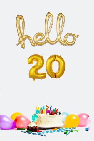 20 Yaş Doğum Günü Balonları - Hello 20 El Yazısı Gold Renk Folyo Balon