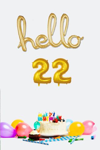 22 Yaş Doğum Günü Balonları - Hello 22 El Yazısı Gold Renk Folyo Balon