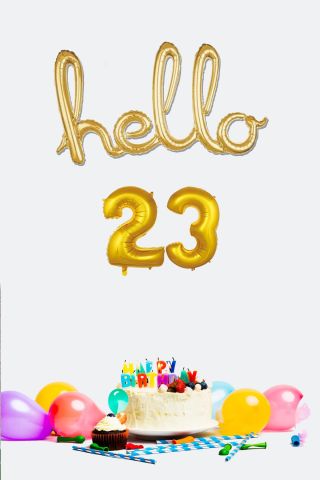 23 Yaş Doğum Günü Balonları - Hello 23 El Yazısı Gold Renk Folyo Balon