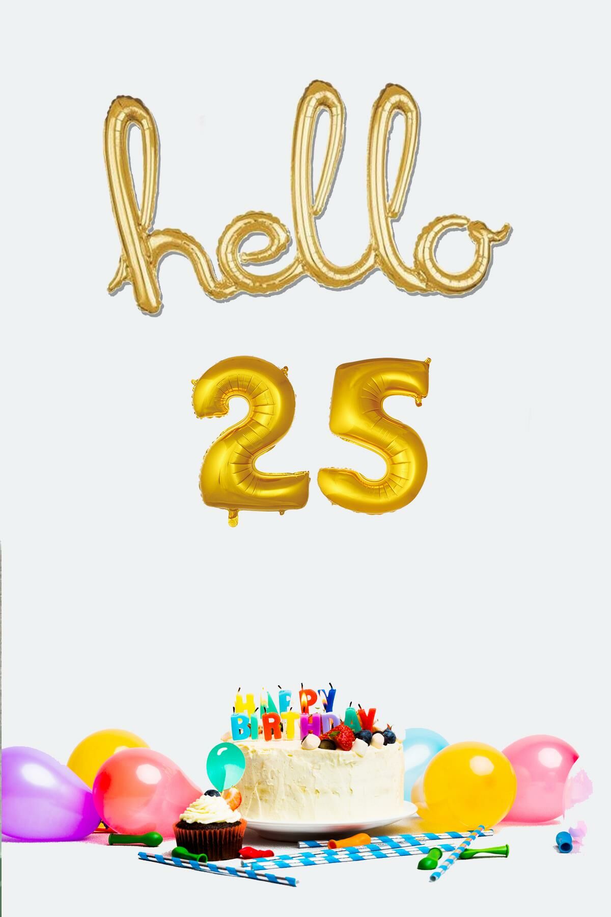 25 Yaş Doğum Günü Balonları - Hello 25 El Yazısı Gold Renk Folyo Balon