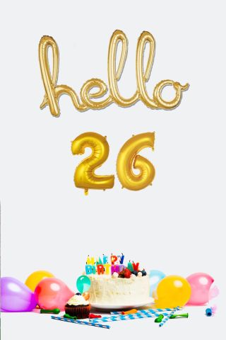 26 Yaş Doğum Günü Balonları - Hello 26 El Yazısı Gold Renk Folyo Balon