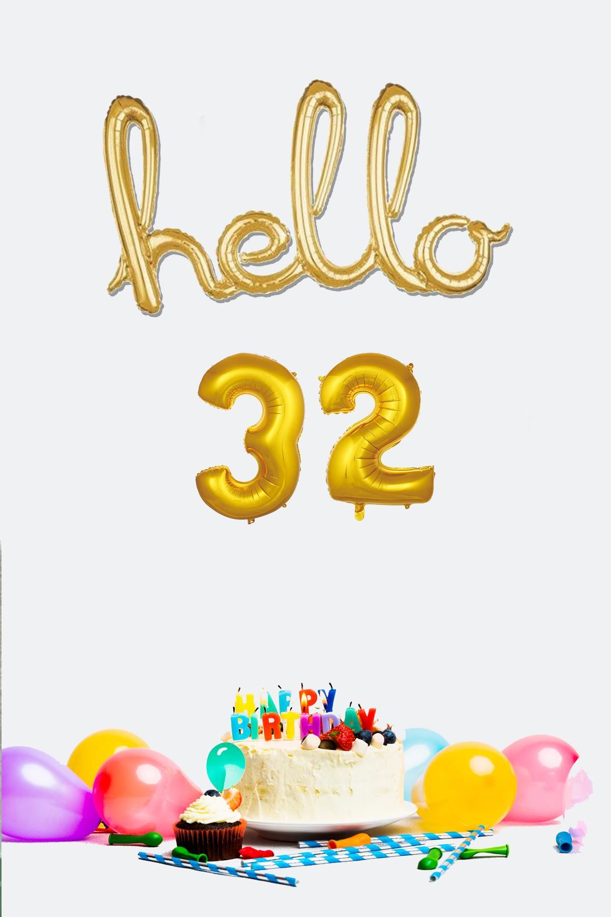 32 Yaş Doğum Günü Balonları - Hello 32 El Yazısı Gold Renk Folyo Balon