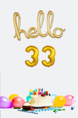 33 Yaş Doğum Günü Balonları - Hello 33 El Yazısı Gold Renk Folyo Balon