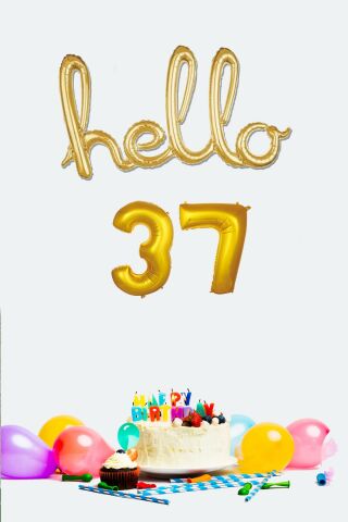 37 Yaş Doğum Günü Balonları - Hello 37 El Yazısı Gold Renk Folyo Balon