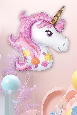 Pembe Unicorn Çiçekli Büyük Folyo Balon 42inç Doğum Günü Balonu