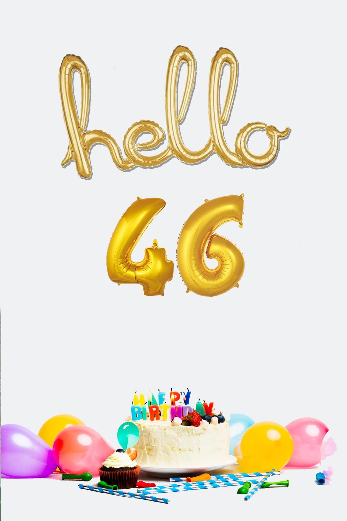 46 Yaş Doğum Günü Balonları - Hello 46 El Yazısı Gold Renk Folyo Balon