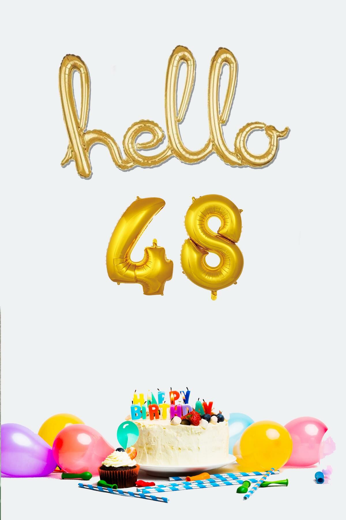 48 Yaş Doğum Günü Balonları - Hello 48 El Yazısı Gold Renk Folyo Balon