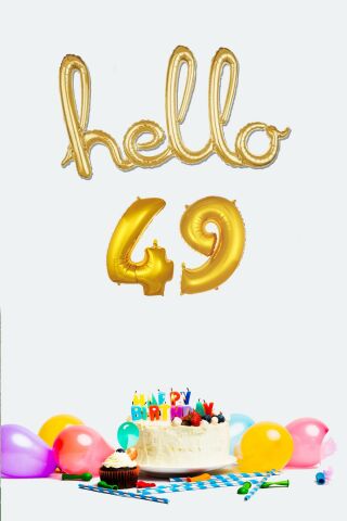 49 Yaş Doğum Günü Balonları - Hello 49 El Yazısı Gold Renk Folyo Balon