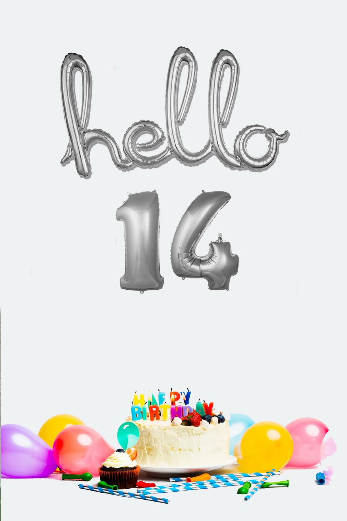 14 Yaş Doğum Günü Balonları - Hello 14 El Yazısı Gümüş Renk Folyo Balon