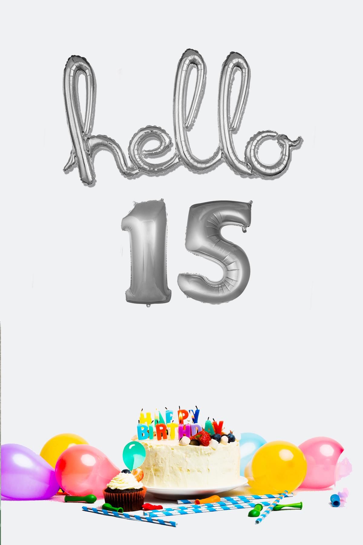15 Yaş Doğum Günü Balonları - Hello 15 El Yazısı Gümüş Renk Folyo Balon