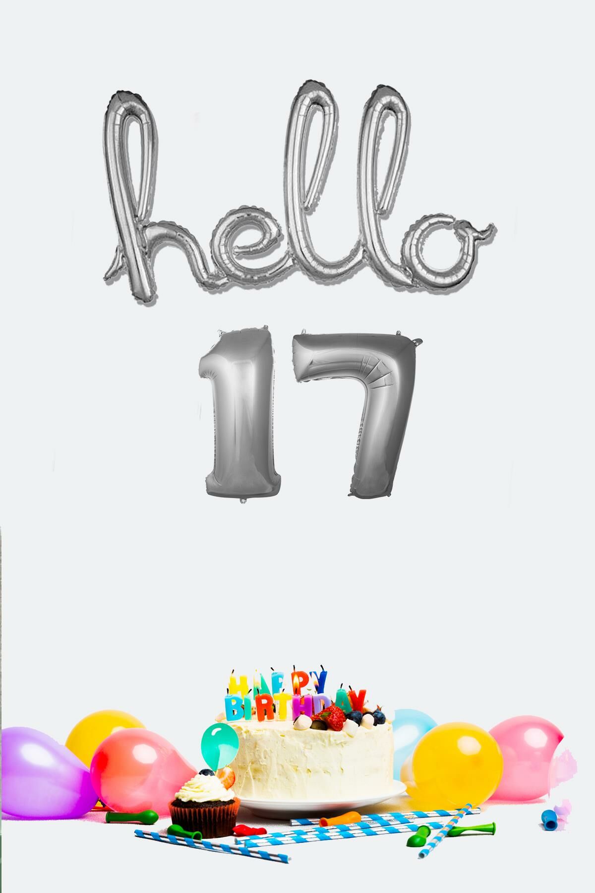17 Yaş Doğum Günü Balonları - Hello 17 El Yazısı Gümüş Renk Folyo Balon