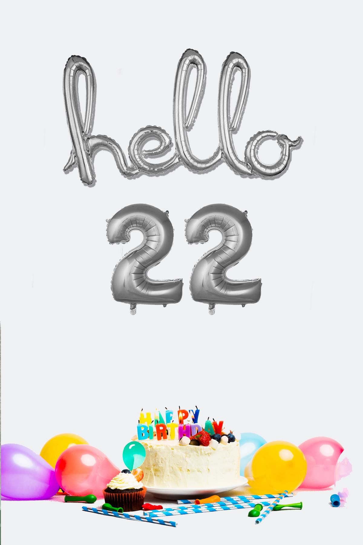 22 Yaş Doğum Günü Balonları - Hello 22 El Yazısı Gümüş Renk Folyo Balon