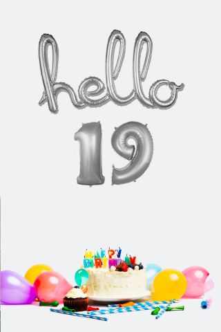 19 Yaş Doğum Günü Balonları - Hello 19 El Yazısı Gümüş Renk Folyo Balon