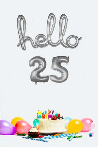25 Yaş Doğum Günü Balonları - Hello 25 El Yazısı Gümüş Renk Folyo Balon