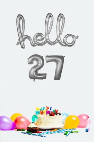 27 Yaş Doğum Günü Balonları - Hello 27 El Yazısı Gümüş Renk Folyo Balon