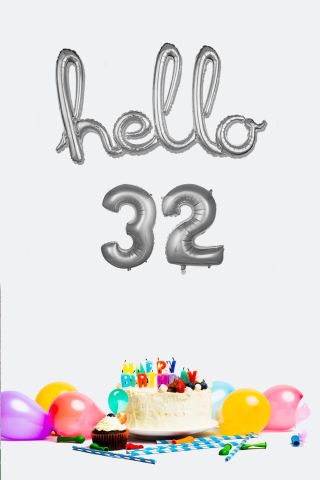 32 Yaş Doğum Günü Balonları - Hello 32 El Yazısı Gümüş Renk Folyo Balon