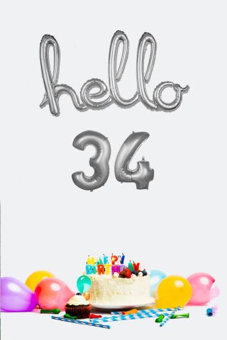 34 Yaş Doğum Günü Balonları - Hello 34 El Yazısı Gümüş Renk Folyo Balon
